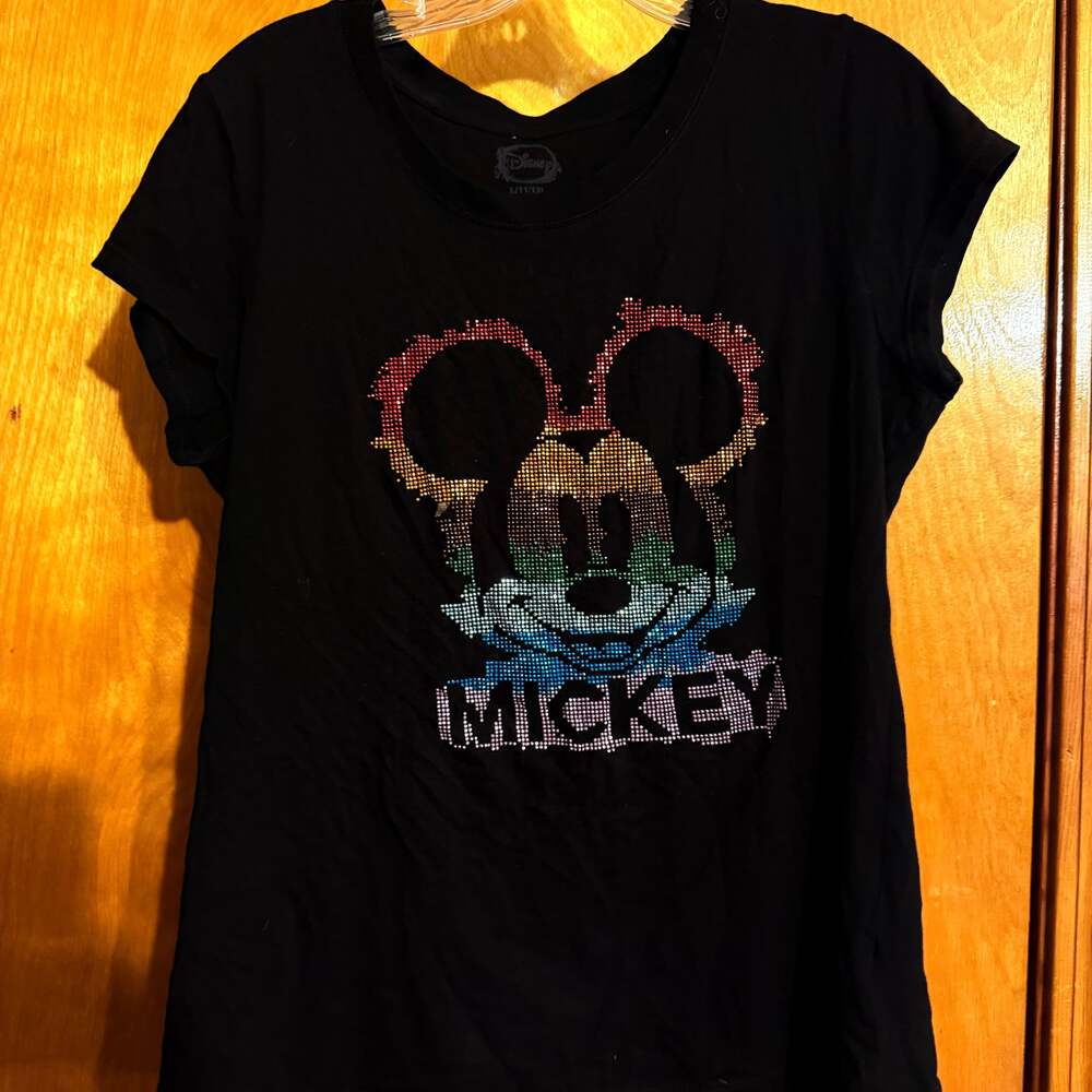 Disney Mickey Mouse Juniors T-Shirt Black Rainbow Crystal Bedazzled Size M 7/9